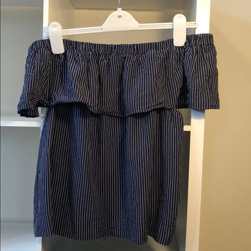 Madewell silk navy and white off the shoulder top - Picture 1 of 2